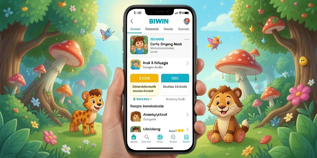 Antarmuka aplikasi BIWIN dengan berbagai pilihan dongeng audio.