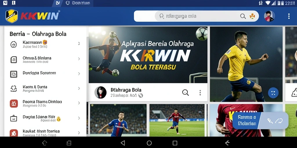 Tampilan antarmuka aplikasi KKWIN dengan berita olahraga bola terbaru.
