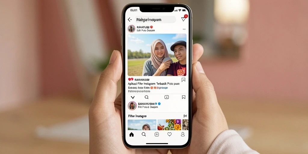 Tampilan antarmuka aplikasi RAHAYU88 dengan berbagai filter Instagram.